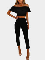 Wholesale Off The Shoulder Tiered Short Sleeve Black Two Piece Outfits