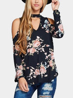 Wholesale Round Neck Cold Shoulder Floral Print Long Sleeve Black T-Shirts