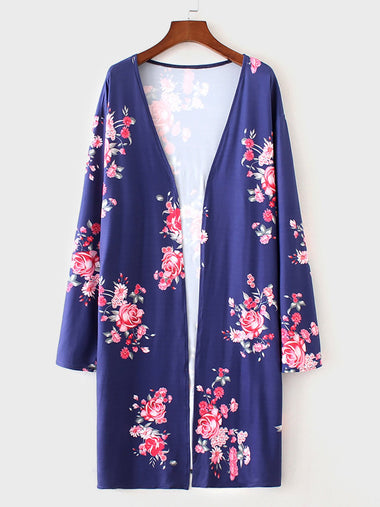 Wholesale Floral Print Long Sleeve Blue Plus Size Tops