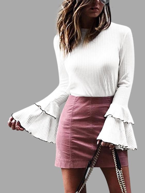 Wholesale Round Neck Tiered Long Sleeve White Top