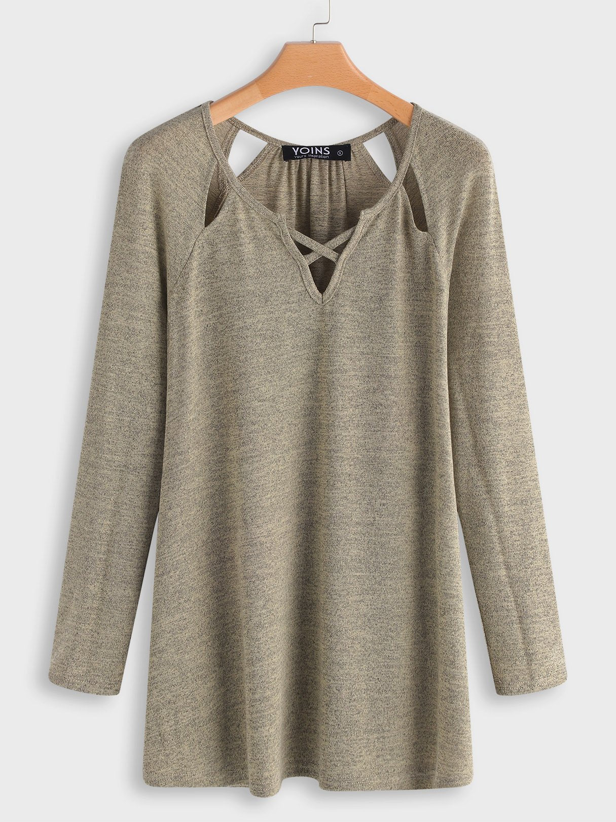 Wholesale Scoop Neck Plain Cut Out Criss-Cross Long Sleeve Beige T-Shirts