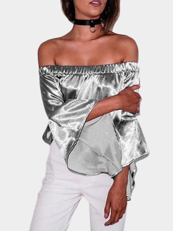 Wholesale Off The Shoulder Plain 3/4 Sleeve Silver T-Shirts