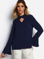 Wholesale Plain Cut Out Long Sleeve Navy Blouses