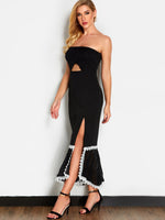 Wholesale Black Strapless Sleeveless Lace Cut Out Slit Hem Sexy Dresses
