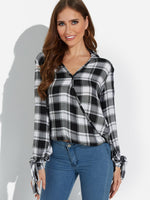 Wholesale V-Neck Grid Crossed Front Long Sleeve Curved Hem Black Blouses
