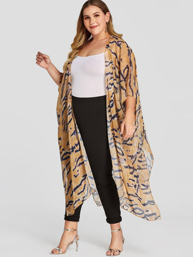 Wholesale Leopard 3/4 Sleeve Irregular Slit Hem Plus Size Tops