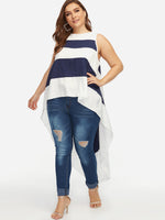 Wholesale Round Neck Stripe Sleeveless High-Low Hem Plus Size Tops