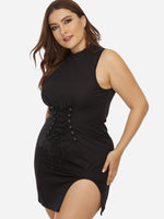 Wholesale Crew Neck Plain Lace-Up Sleeveless Black Plus Size Dresses