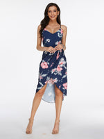 Wholesale Navy V-Neck Sleeveless Floral Print Crossed Front Zip Back Slit Hem Dresses