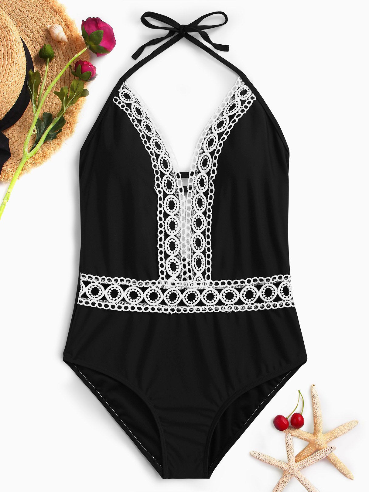 Wholesale Deep V-Neck Sleeveless Plain Lace Backless Tie-Up One-Piece Swimsuit