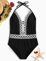 Wholesale Deep V-Neck Sleeveless Plain Lace Backless Tie-Up One-Piece Swimsuit