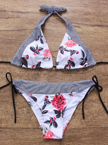 Wholesale White Halter V-Neck Sleeveless Floral Print Self-Tie Bikinis