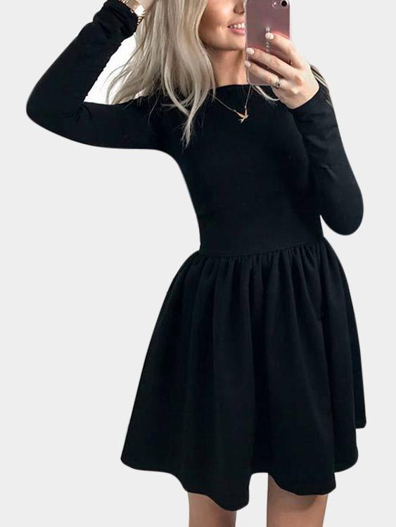 Wholesale Black Round Neck Long Sleeve Pleated High-Waisted Sexy Dress