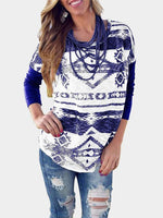 Wholesale Round Neck Geometrical Long Sleeve Curved Hem Blue T-Shirts