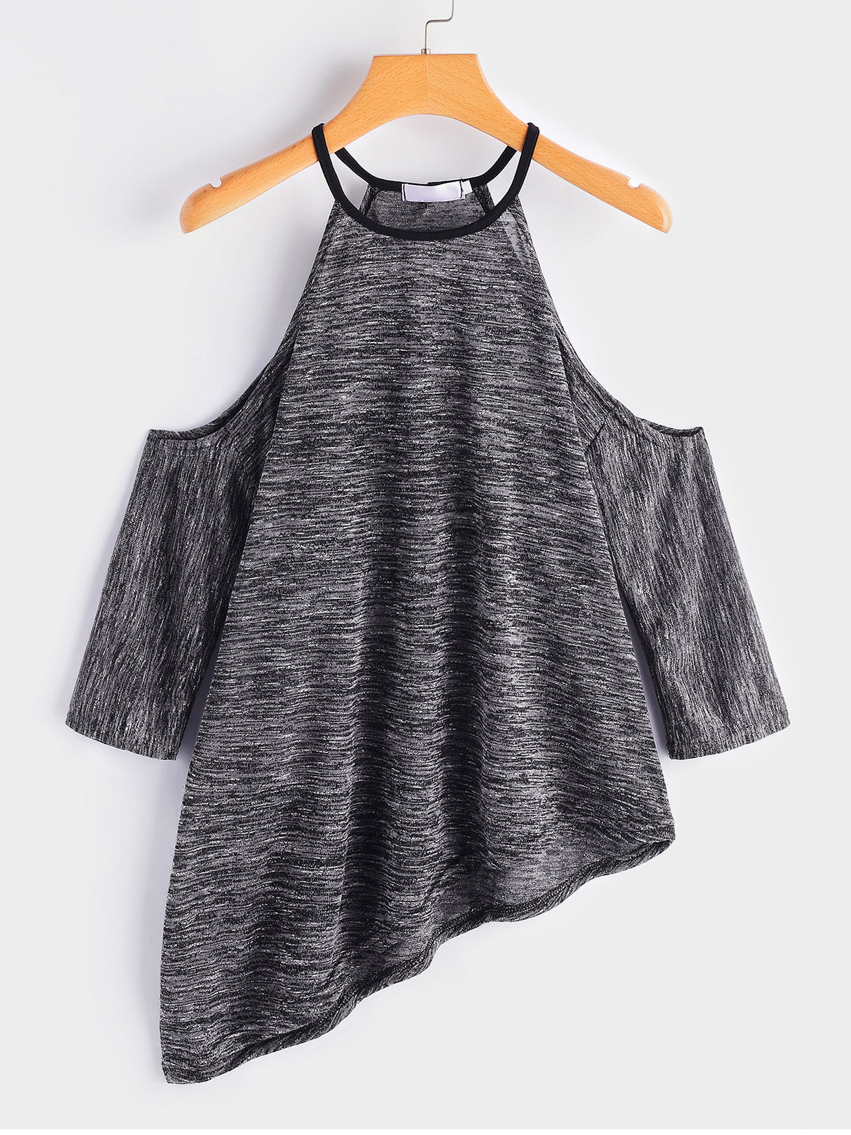 Wholesale Cold Shoulder Plain Half Sleeve Irregular Hem Black Top