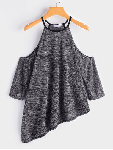 Wholesale Cold Shoulder Plain Half Sleeve Irregular Hem Black Top