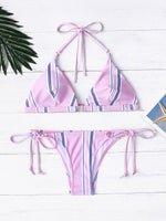 Wholesale Pink Halter Sleeveless Stripe Two Piece Bikinis