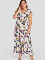 Wholesale V-Neck Floral Print Ruffle Trim Short Sleeve Plus Size Dress
