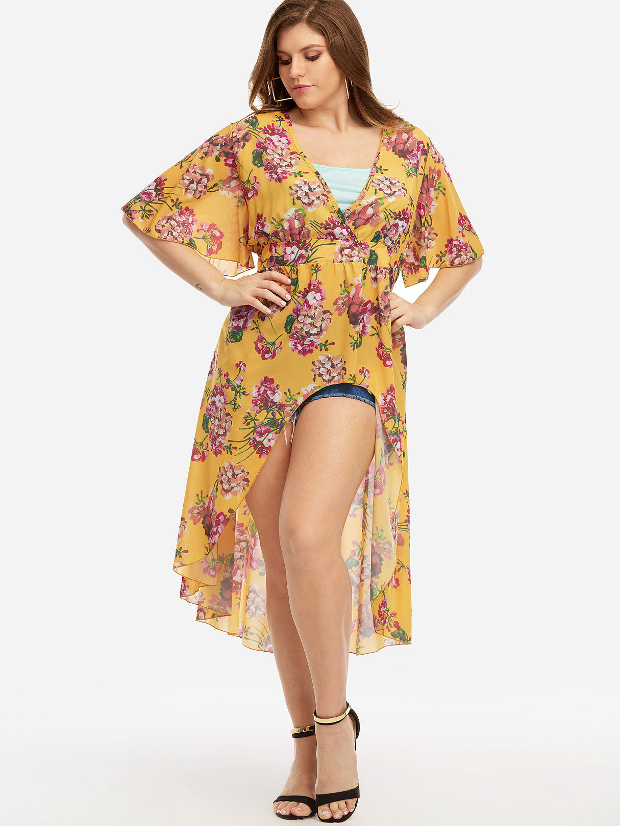 Wholesale Deep V Neck Floral Print Pleated Half Sleeve Yellow Plus Size Tops