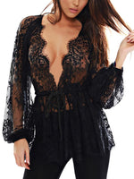 Wholesale Sexy V-Neck See Through Lace Top With Self-Tie Design