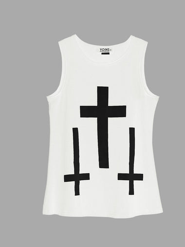 Wholesale Round Neck Sleeveless Cross Print White Tank Top