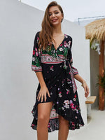 Wholesale V-Neck 3/4 Length Sleeve Floral Print Crossed Front Belt Slit Ruffle Hem Dresses