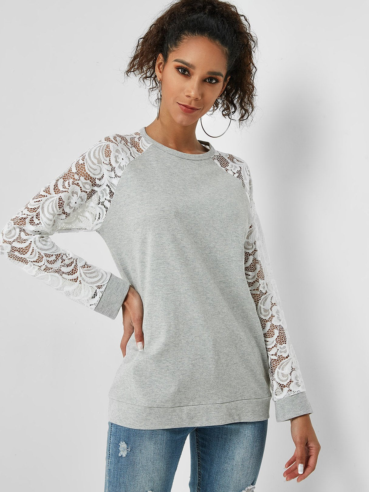 Wholesale Round Neck Lace Long Sleeve Grey T-Shirt
