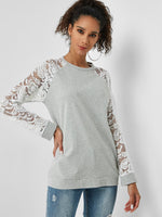 Wholesale Round Neck Lace Long Sleeve Grey T-Shirt