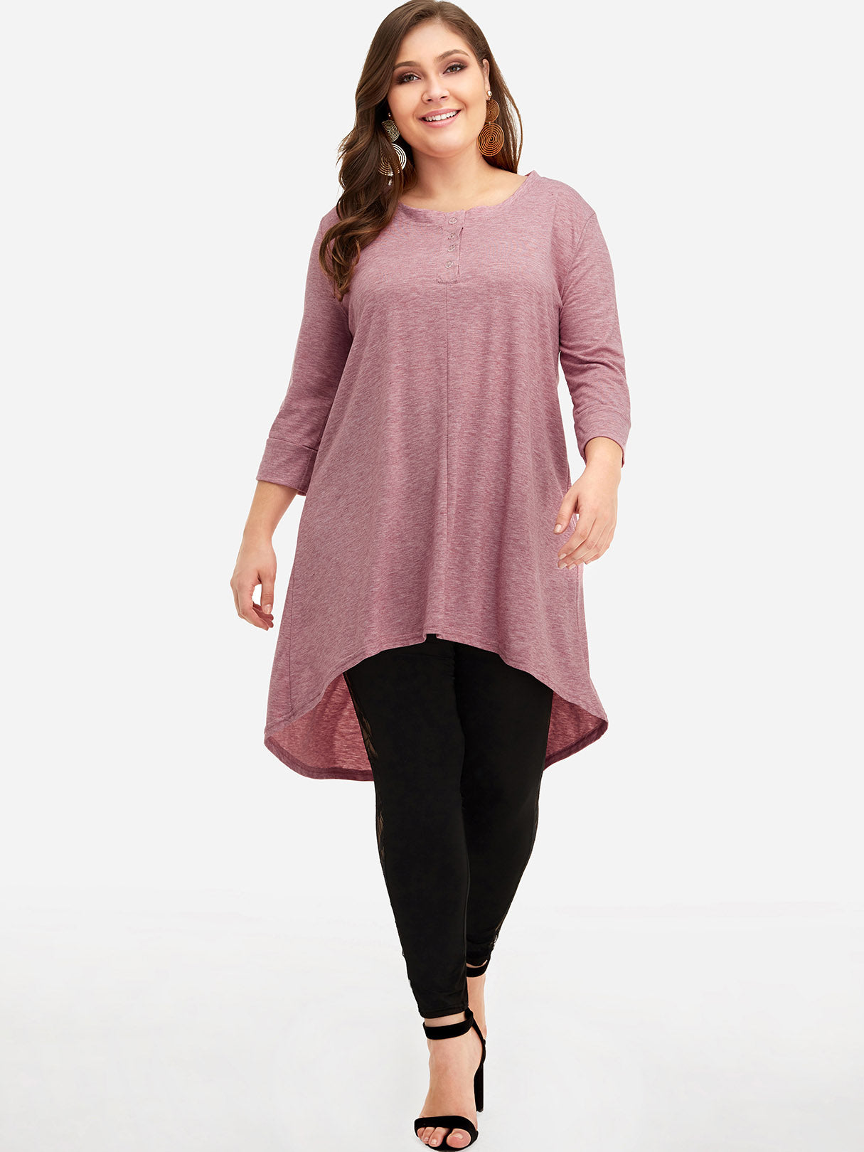 Wholesale Round Neck Plain 3/4 Sleeve High-Low Hem Plus Size Tops
