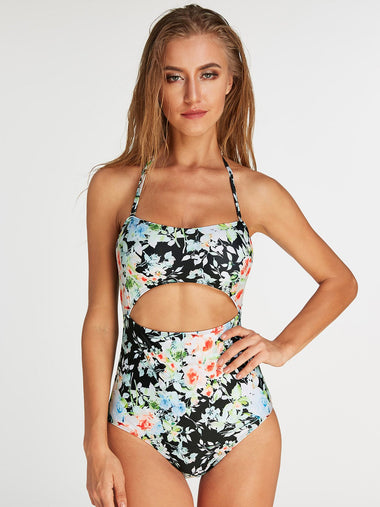 Wholesale Sleeveless Floral Print Cut Out Tie-Up One-Pieces Swimwears