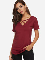 Wholesale V-Neck Plain Crossed Front Short Sleeve Curved Hem Burgundy T-Shirts