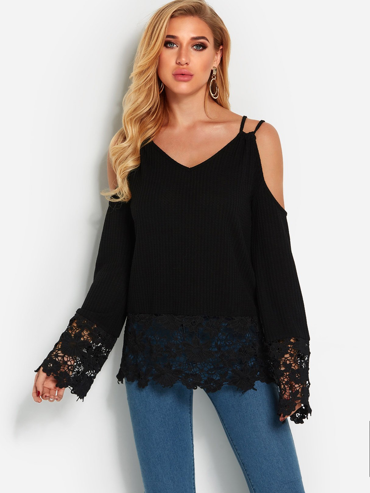 Wholesale Cold Shoulder Lace Long Sleeve Black Tops