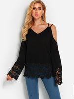 Wholesale Cold Shoulder Lace Long Sleeve Black Tops
