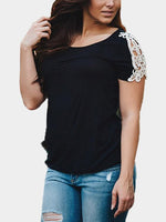 Wholesale Round Neck Lace Short Sleeve Black T-Shirt