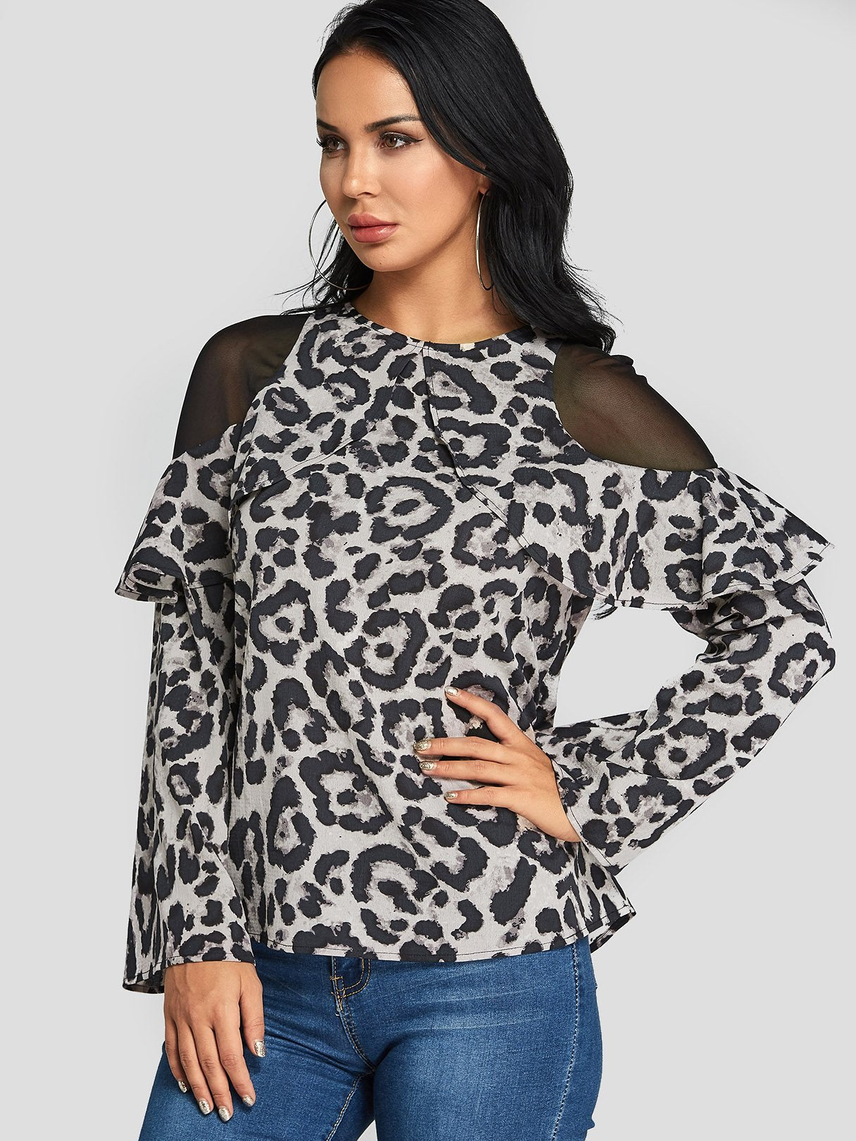 Wholesale Cold Shoulder Leopard Lace Zip Back Long Sleeve Blouses