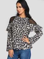 Wholesale Cold Shoulder Leopard Lace Zip Back Long Sleeve Blouses