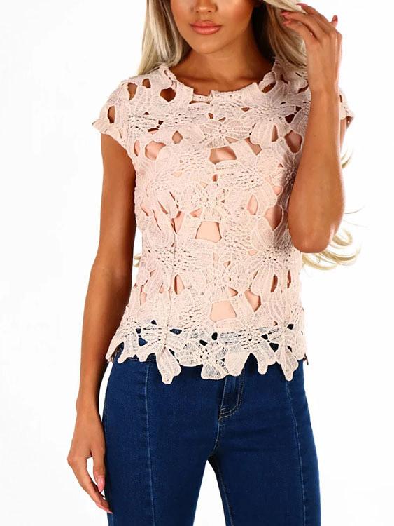Wholesale Round Neck Crochet Lace Embellished Short Sleeve Top