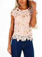 Wholesale Round Neck Crochet Lace Embellished Short Sleeve Top
