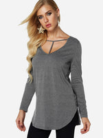 Wholesale V-Neck Plain Long Sleeve Curved Hem Grey Top