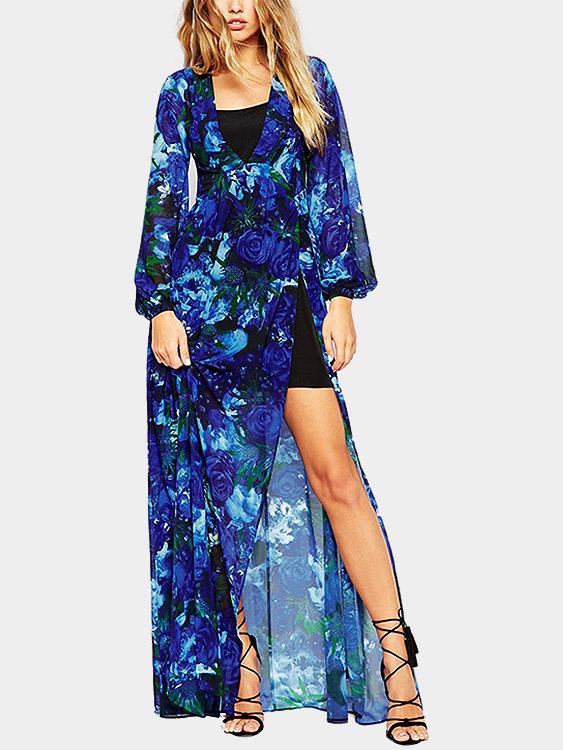 Wholesale V-Neck Floral Print Slit Hem Long Sleeve Maxi Dresses