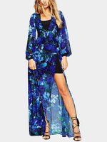 Wholesale V-Neck Floral Print Slit Hem Long Sleeve Maxi Dresses