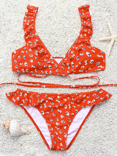 Wholesale V-Neck Sleeveless Floral Print Crossed Front Tie-Up Ruffle Hem Bikinis