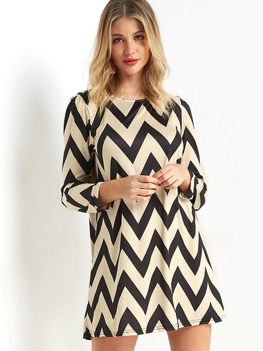 Wholesale Brown Round Neck Long Sleeve Wave Casual Dresses