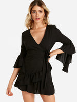 Wholesale V-Neck 3/4 Sleeve Plain Self-Tie Wrap Black Mini Dress