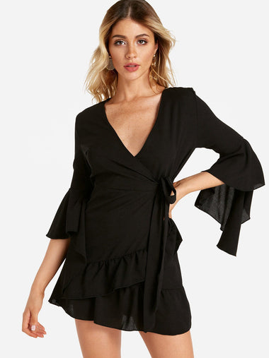 Wholesale V-Neck 3/4 Sleeve Plain Self-Tie Wrap Black Mini Dress