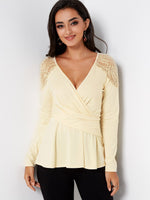 Wholesale V-Neck Lace Pleated Long Sleeve Beige T-Shirts
