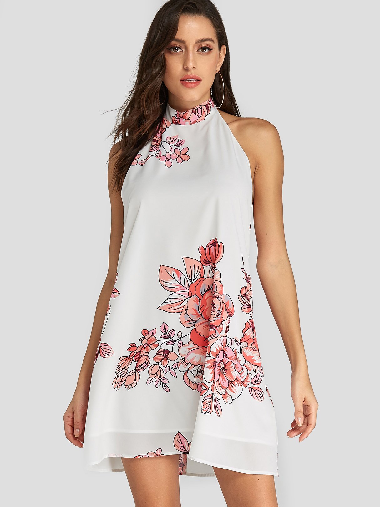 Wholesale White Halter Sleeveless Floral Print Backless Self-Tie Dresses