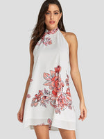 Wholesale White Halter Sleeveless Floral Print Backless Self-Tie Dresses