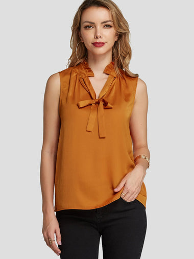 Wholesale Frill Neck Plain Tie-Up Sleeveless Orange Tank Top