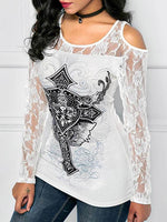 Wholesale Round Neck Cold Shoulder Printed Lace Long Sleeve White T-Shirts
